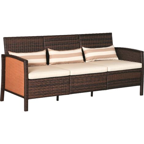 Canapé en rotin avec coussins, trois places, canapé de jardin, acier, marron, 173 x 68 x 78 cm idéal pour aménager votre terrasse, balcon ou jardin, alliant confort et durabilité pour vos moments d...