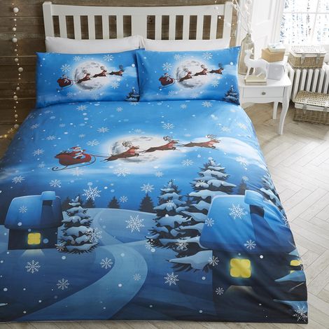 Housse de Couette Père Noël en Traîneau Lit Simple 140 x 200 cm Literie Phosphorescente 1 Taie d'oreiller Sapin et Neige Décorations de Noël Twin (1/5)