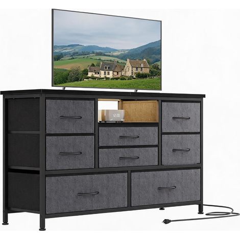 Meuble TV 120 cm avec 8 Tiroirs, LED RGB et Prises USB, Gris Foncé (1/5)
