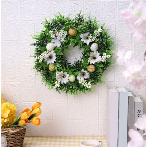 Guirlande De Porte - Couronne De Pâques En Raphia Avec Œufs Artificiels Et Feuilles Vertes - 38 Cm - Pour Intérieur Et Extérieur (1/5)