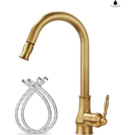 Robinet de cuisine, mitigeur d'évier à bec haut avec douchette extractible, style laiton antique, levier unique rotatif à 360°. (1/5)