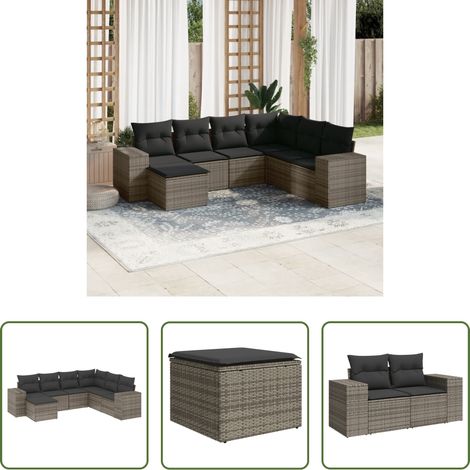 Gartensessel -  7-tlg. Garten-Sofagarnitur mit Kissen Grau Poly Rattan (1/5)