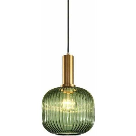 Suspension vintage industrielle en verre rayé – Abat-jour 30 cm – Support en laiton poli – Hauteur 18 cm – Compatible ampoules E27