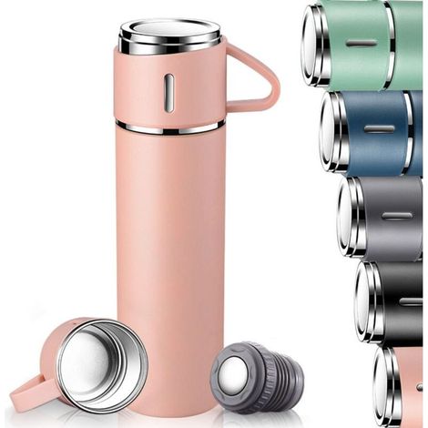 Bouteille Isotherme 500ml, Gourde Isotherme Etanche avec Tasse et Couvercle, Mug Isotherme Cafe en acier Inoxydable (Rose) (1/5)