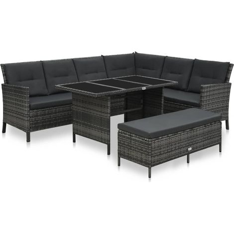 3-tlg. Garten-Lounge-Set mit Auflagen Poly Rattan Grau