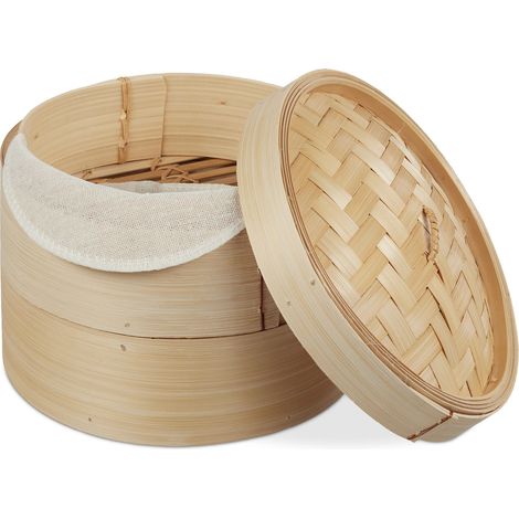 Relaxdays Bamboo Steamer Basket, 2 Tiers, For Rice, Dim Sum, Vegetables, Fish, Organic, Asian Cuisine, Ø 20.5cm, Natural