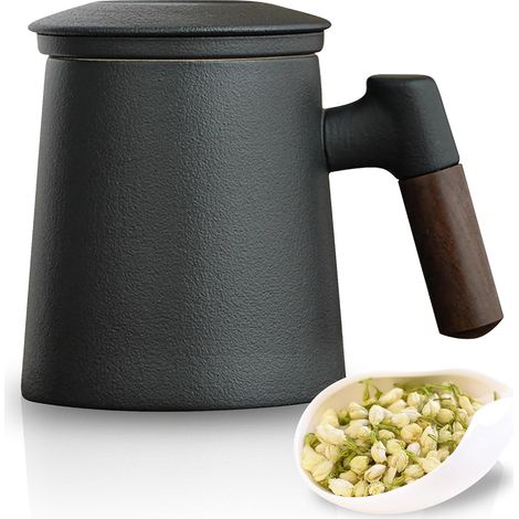 Tasse thé céramique mate 400 ml, poignée bois, infuseur, glaçage main (1/5)