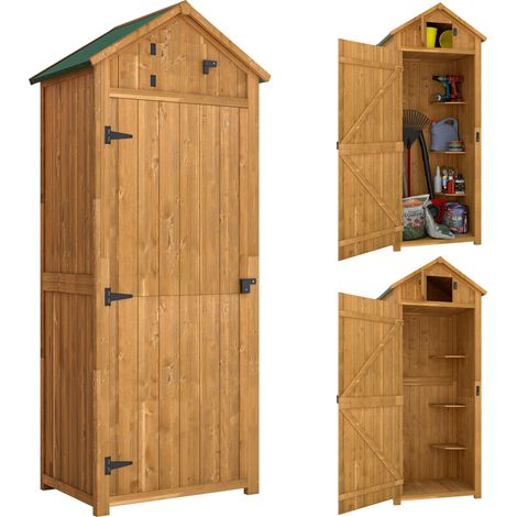 Armoire extérieure en bois pour jardin, abri outillage 3 étagères, 2 portes avec loquets, toit pentu bitumé, rangement extérieur pour terrasse, 77 x 54 x 179 cm, jaune (1/5)