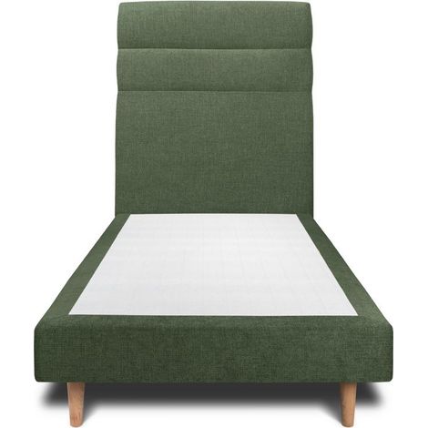 Lit 90x200cm avec tête de lit lignes tissu et sommier tapissier vert - Hauteur totale : 29cm (1/4)