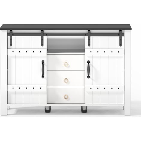 Compartiment de rangement avec un espace de stockage, large de 120 cm. Compartiment latéral avec des portes coulissantes et 3 tiroirs. Table basse en bois rustique, idéale pour les cuisines (1/5)