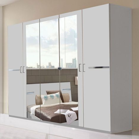 Pegane – Armoire de rangement blanc 225 x 210 x 58 cm – Panneaux de particules – 5 portes battantes avec miroirs – Aménagement intérieur optimisé (1/2)