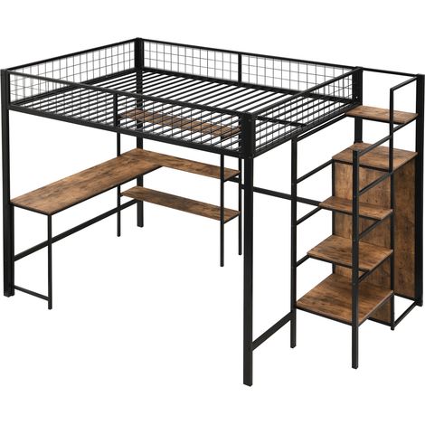 Letto a soppalco 140 x 200 cm in metallo e MDF con scrivania, scaffali e armadio, nero (1/5)