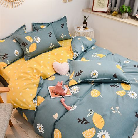 Ensemble de literie 4 pièces en coton doux : drap-housse, housse de couette et taie d’oreiller. Linge de lit épais, motif citron, 1,2 m / 47,2 pouces. (1/4)