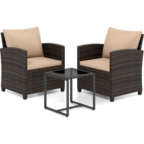 Rattan Balcony Set with 2 Chairs & Glass Table, Brown-Khaki