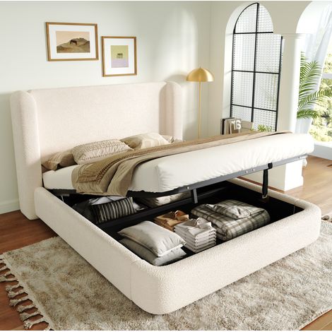 Letto contenitore 160x200 cm in tessuto bouclé beige con rete e vano – MEUBLIV (1/5)