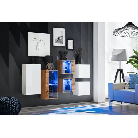 Ensemble meuble mural Switch SB IV - L 150 x P 30 x H 80 cm - Blanc et marron - Livraison gratuite