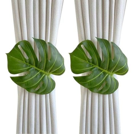 Lot de 2 embrasses de rideaux en forme de feuille de Monstera - Longueur réglable pour rideaux (feuille verte) (1/5)
