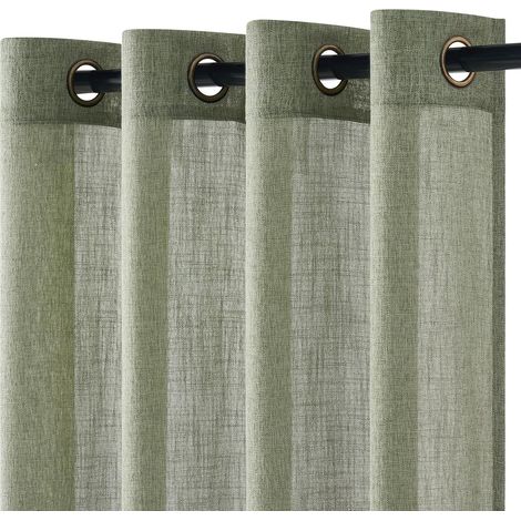 Rideau Voilage - Lin Vert Sauge 140 x 240 cm - Oeillet - Salon Chambre Cuisine - 2 Pièces