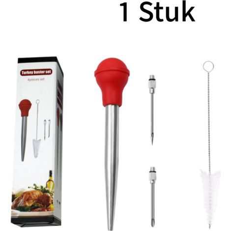 Seringue en acier inoxydable 304 + silicone rouge – grande capacité et graduée – idéale pour la viande, le barbecue, la dinde et le steak. (1/5)