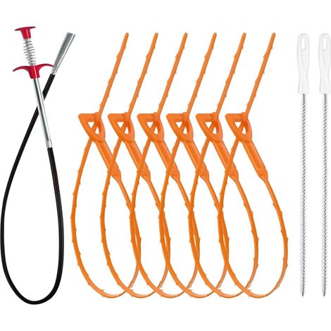 Déboucheur à ressort orange, ensemble de 9 pièces Convient aux lavabos de salle de bain et aux éviers de cuisine Réglable et réutilisable