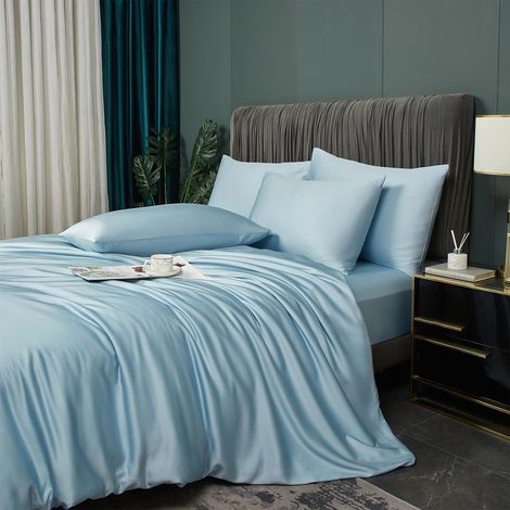 Parure de lit en bambou 220 x 240 cm - Bleu clair - Pour été et hiver - Rafraîchissante - Fibres de bambou brillantes - Respirantes - Avec housse de couette et taies d'oreiller 80 x 80 cm (1/5)