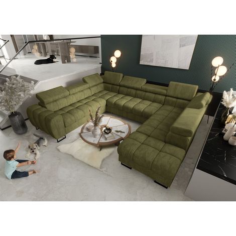 Wohnlandschaft Schlafsofa BASTIEN XL in Stoff Terra Mintgrün Ottomane Rechts