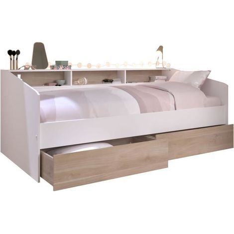 Lit banquette 2 tiroirs 90 x 200/190 cm - MDF - Mat décor chene et blanc - JOY - 2339ENSE (1/5)