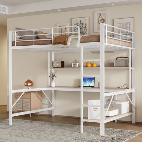Lit mezzanine 140200 cm, garde-corps, échelle à marches, avec USB et prise, éclairage LED, bureau, étagère à plusieurs niveaux, sans matelas, métal, blanc