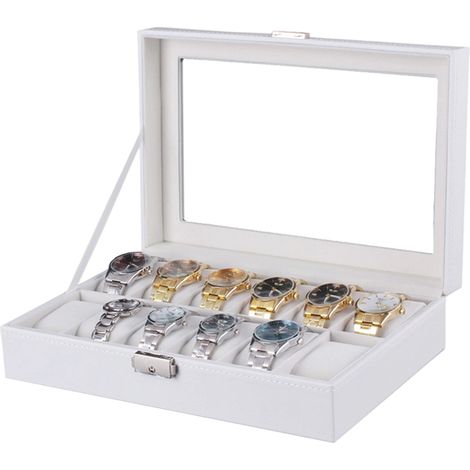 Boîte à montres blanche premium à 12 emplacements - Étui de rangement en PU, présentoir et organiseur de bracelets (1/5)