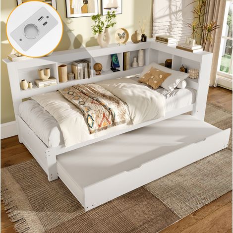 Cama nido 219x117x90 cm, con cama extraíble, enchufe y 2 puertos USB, madera de pino, blanco (1/5)