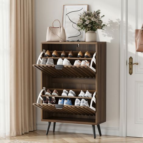 Meuble à chaussures 60x24x95 cm MDF et aggloméré noyer, gain de place pour entrée – MEUBLIV (1/5)