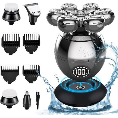 Rasoir tête chauve, rasoir électrique barbe 5 en 1 étanche IPX7 avec 7 têtes rotatives, affichage de la batterie et câble de charge de type C, rasoir à cheveux zéro pour nez oreilles corps visage (1/5)
