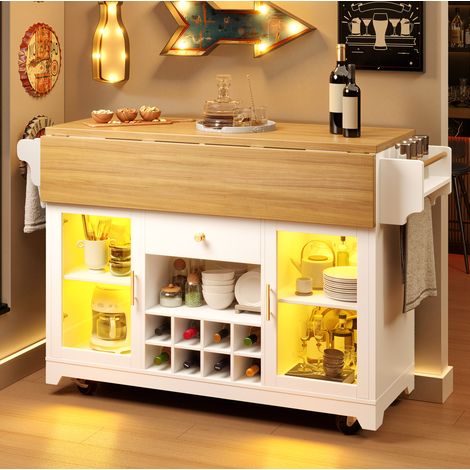 Chariot de cuisine blanc avec LED RGB, plateaux rabattables, range-bouteilles et roulettes (1/5)
