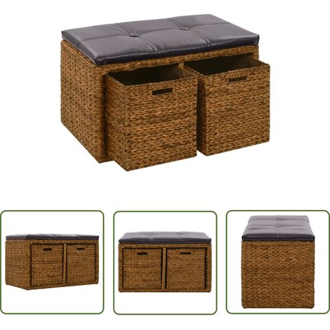 The Living Store Banc avec 2 paniers Jacinthe d'eau 71 x 40 x 42 cm Marron - Banc Coffre - Meuble Rangement - Banc Design - Mobilier Intérieur - Banc Bois (1/5)