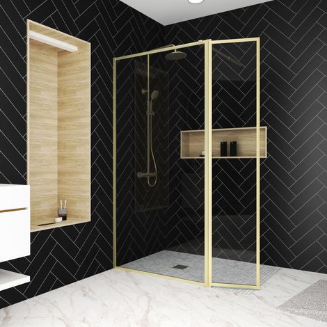 Parete per doccia e Deflettore 100+40x200 cm - Finitura Oro Spazzolato - GOLDY CONTOURING (1/4)