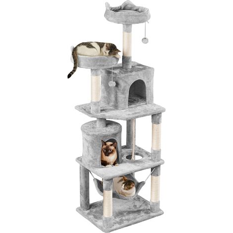 Yaheetech Albero Tiragraffi per Gatti Adulti Grandi Medi con Giocattolo 179 cm 2 Palle Cuccia Graffiatoio in Corda Sisal Grigio Chiaro (1/5)