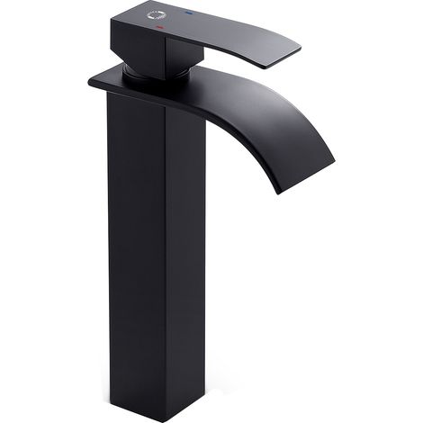 Grifo Lavabo Cascada Negro Alto, Monomando Grifo para Lavabos Sobre Encimera para Baño, Diseño Moderno (1/5)