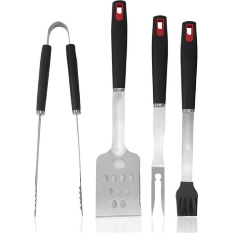 Set di utensili per barbecue in acciaio inox, composto da pala, forchetta e pinze per la pulizia multifunzionali (set da 4 pezzi).