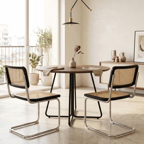 Lot de 2 Chaises - Design Cantilever et Cannage Rotin - Coussin confortable et Base en Métal Chromé - Idéal Salon et Cuisine, Noir (1/5)