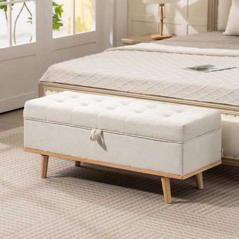 Gepolsterter Aufbewahrungshocker mit 80 Litern Fassungsvermögen, Stoffbezug, Aufbewahrungsbank mit Holzbeinen, für Wohnzimmer, Schlafzimmer und Eingangsbereich, 118 x 42 x 45 cm, Creme