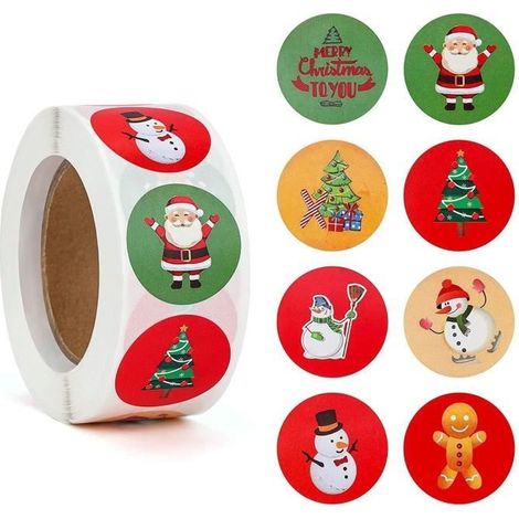 Etiquette Autocollantes Noël 500 pièces, Autocollants de Noël 1 pouce 8 modèles d'étiquettes rondes pour sac enveloppe Décorations (1/4)