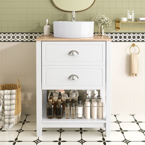 Modernluxe - Meuble de salle de bain avec une vasque en céramique - avec 2 tiroirs et 1 compartiment de rangement ouvert - blanc (sans robinet) (1/5)