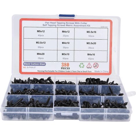 380-teiliges Set selbstschneidender Schrauben, schwarze Kohlenstoffstahl-Rundkopf-Bohrschrauben, Sortiment
