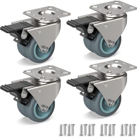 4 Roulettes Pivotantes Pour Meubles, Double roulettes lourdes avec frein + Vis - 50mm Jusqu'à 160KG - Roue en Caoutchouc pour Chariot (1/4)