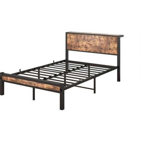 Lit 120x200 cm avec sommier métallique, tête de lit de rangement, silencieux, marron vintage (1/5)