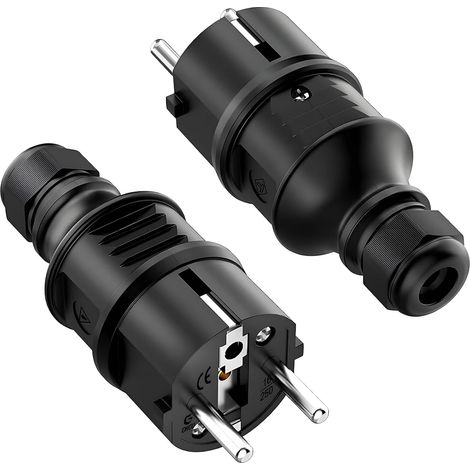 2 Pièces Mâle Fiche Schuko 250V 16A, Noir  Contact Protection Anti-torsion, Prise Electrique Male Secteur Contre Terre pour Câble Intérieur Extérieur (1/5)