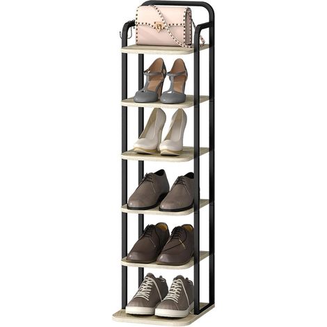 Scarpiera verticale, scarpiera a 6 livelli, Scaffale Portascarpe, scarpiera salvaspazio, 2 Ganci, per Ingresso, Soggiorno, Camera da Letto, Avorio Chiaro e Nero (1/5)