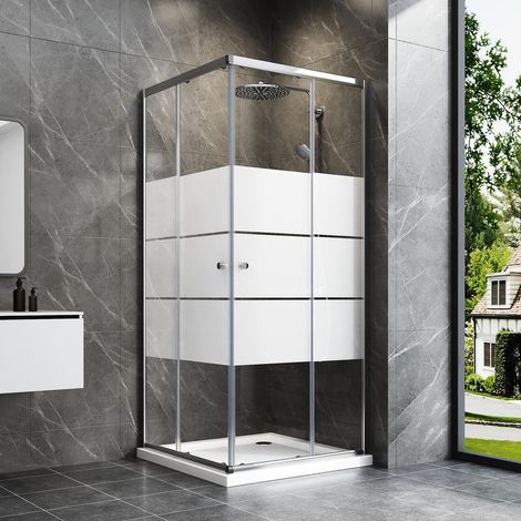 WDWRITTI Duschkabine 100x100cm Eckeinstieg Dusche Duschabtrennung Duschwand mit Doppel Schiebetür, 6mm ESG Glas mit weißen Querstreifen-Dekor, Höhe: 185cm