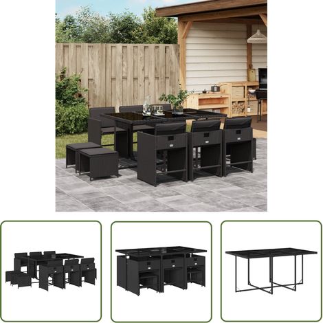 The Living Store 11-tlg. Garten-Essgruppe mit Kissen Schwarz Poly Rattan - Gartenmöbel Set - Essgruppenset - Outdoor Möbel - Gartentisch - Gartenstühle (1/5)