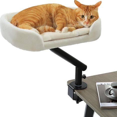 Lit pour Chat de Bureau avec Balle en Peluche Interactive, Panier pour, Support de lit Rotatif à 360°, hamac pour Chat à griffer, supporte Jusqu‘à 22,5 kg, Beige